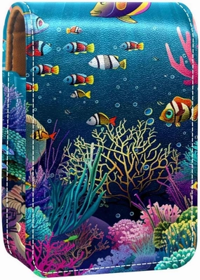 Travel Lipstick Organizer Case,Lipstick Case Portable Makeup Bag With Mirror,Undersea Fish Coral Ocean