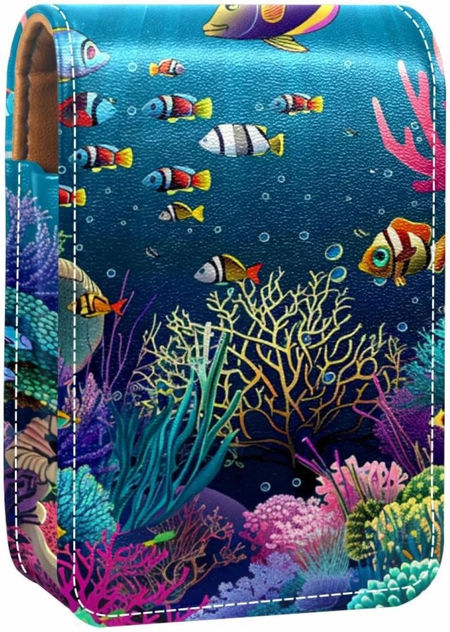 Travel Lipstick Organizer Case,Lipstick Case Portable Makeup Bag With Mirror,Undersea Fish Coral Ocean