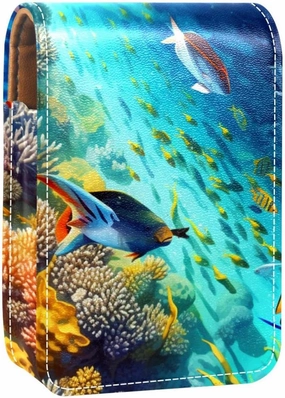 Travel Lipstick Organizer Case,Lipstick Case Portable Makeup Bag With Mirror,Underwater Coral Tropical Fish
