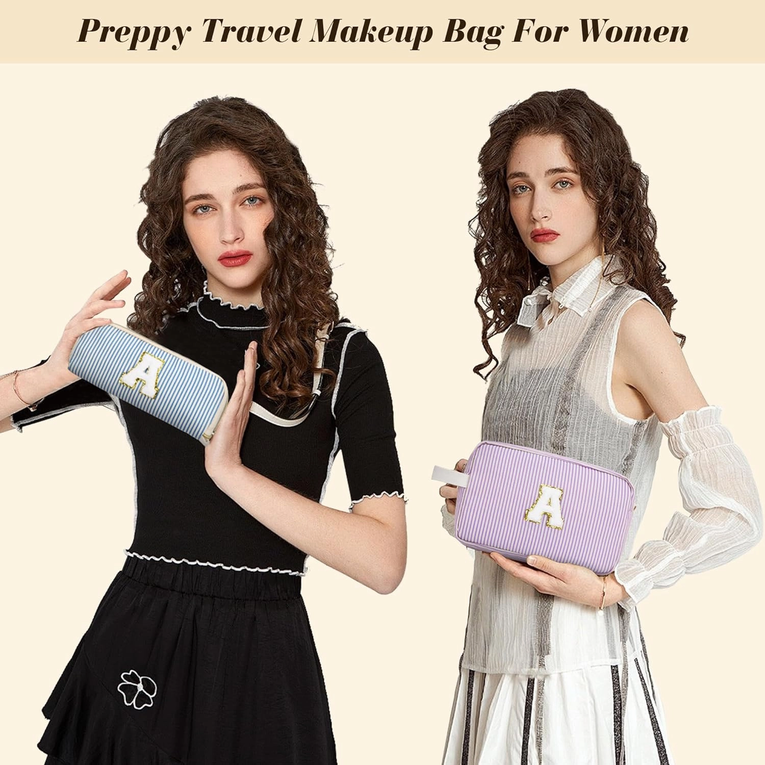 Travel Makeup Bag Gift for Women Girl Teens Preppy Stuff Cosmetic Bag Set, Cute Make Up Bag With Handle Personalized Initial Makeup Pouch Skin Care with Makeup Brush Bag Letter K (Red&White Stripes)