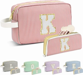 Travel Makeup Bag Gift for Women Girl Teens Preppy Stuff Cosmetic Bag Set, Cute Make Up Bag With Handle Personalized Initial Makeup Pouch Skin Care with Makeup Brush Bag Letter K (Red&White Stripes)