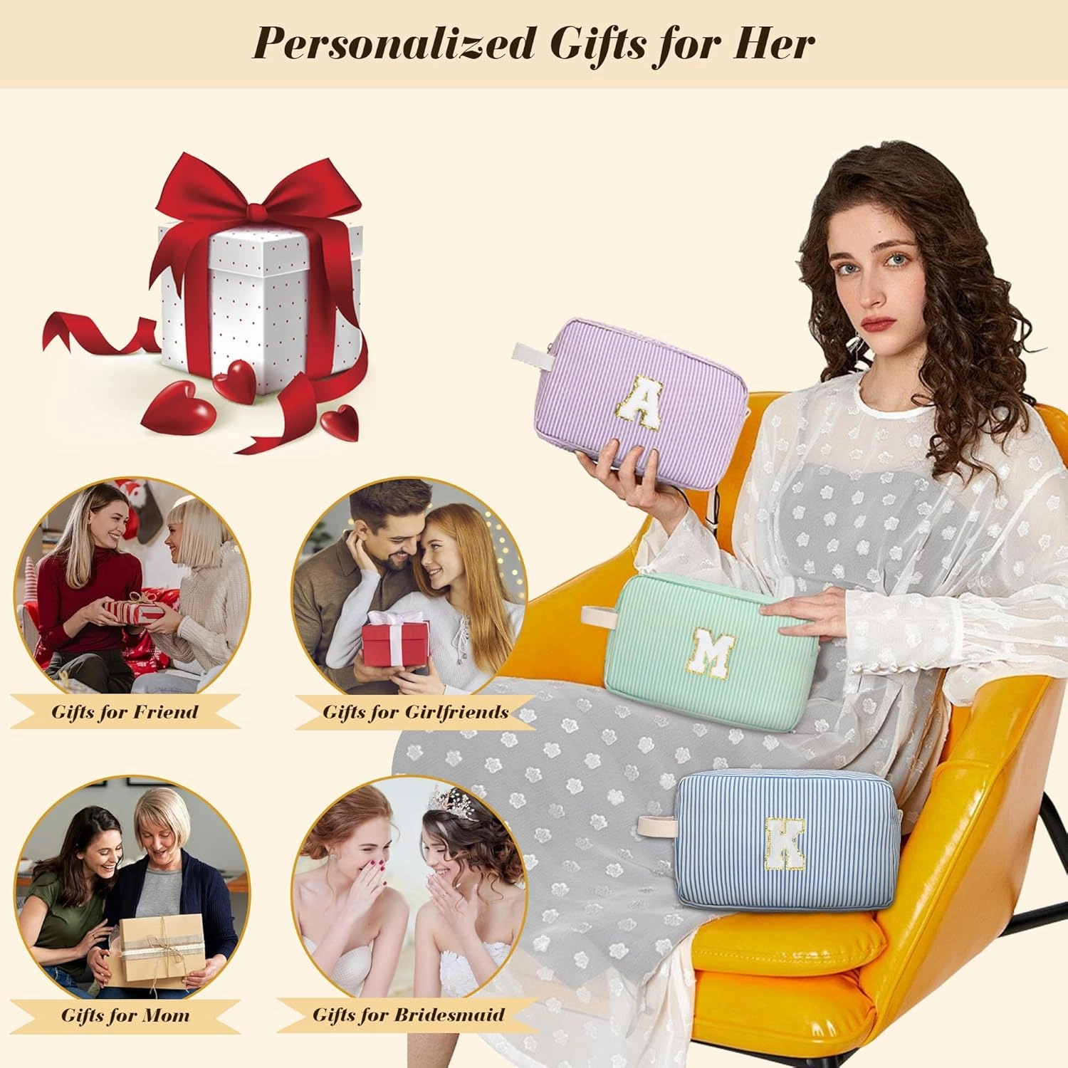 Travel Makeup Bag Gift for Women Girl Teens Preppy Stuff Cosmetic Bag Set, Cute Make Up Bag With Handle Personalized Initial Makeup Pouch Skin Care with Makeup Brush Bag Letter K (Red&White Stripes)