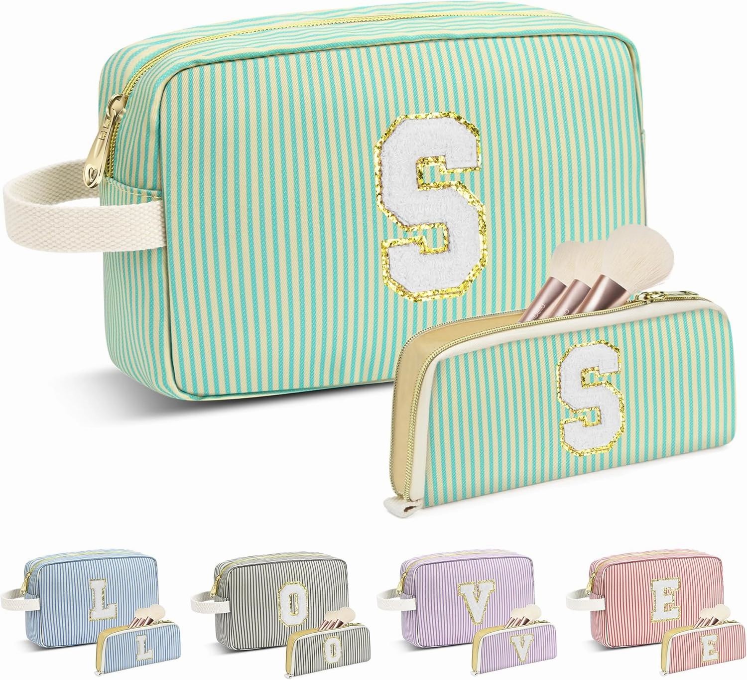 Travel Makeup Bag Gift for Women Girl Teens Preppy Stuff Cosmetic Bag Set, Cute Make Up Bag With Handle Personalized Initial Makeup Pouch Skin Care with Makeup Brush Bag Letter S (Green&White Stripes)