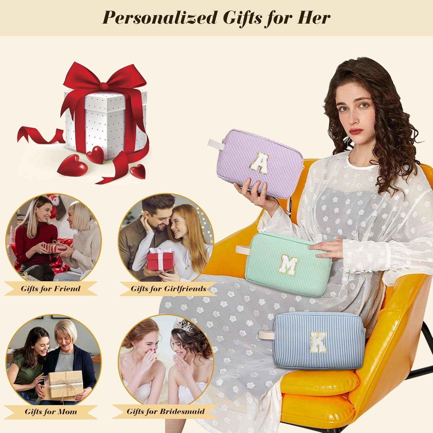 Travel Makeup Bag Gift for Women Girl Teens Preppy Stuff Cosmetic Bag Set, Cute Make Up Bag With Handle Personalized Initial Makeup Pouch Skin Care with Makeup Brush Bag Letter S (Green&White Stripes)
