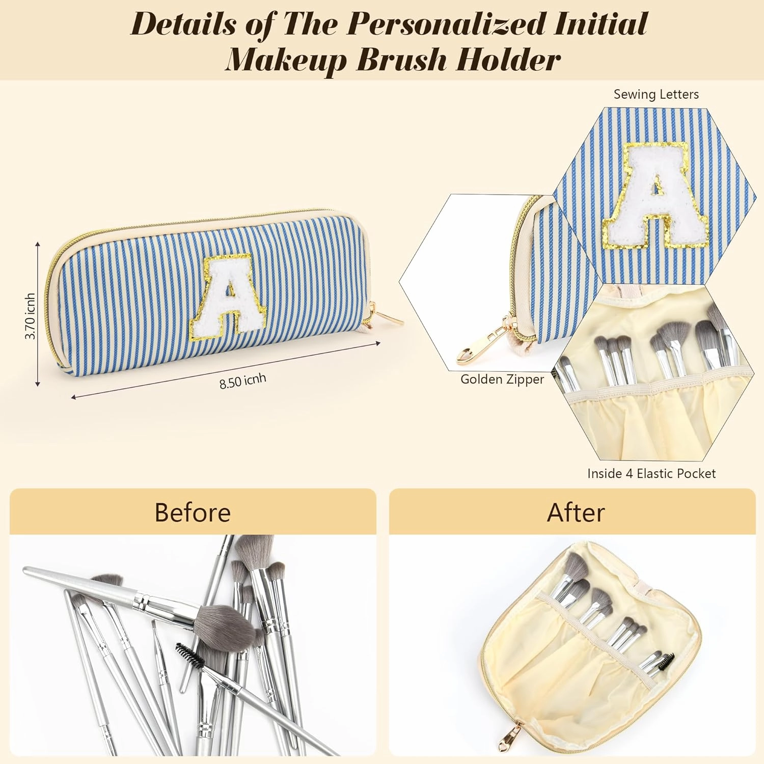 Travel Makeup Bag Gift for Women Girl Teens Preppy Stuff Cosmetic Bag Set, Cute Make Up Bag With Handle Personalized Initial Makeup Pouch Skin Care with Makeup Brush Bag Letter S (Green&White Stripes)