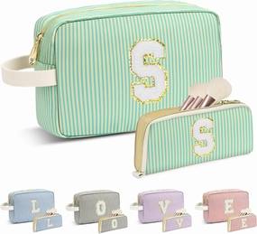 Travel Makeup Bag Gift for Women Girl Teens Preppy Stuff Cosmetic Bag Set, Cute Make Up Bag With Handle Personalized Initial Makeup Pouch Skin Care with Makeup Brush Bag Letter S (Green&White Stripes)