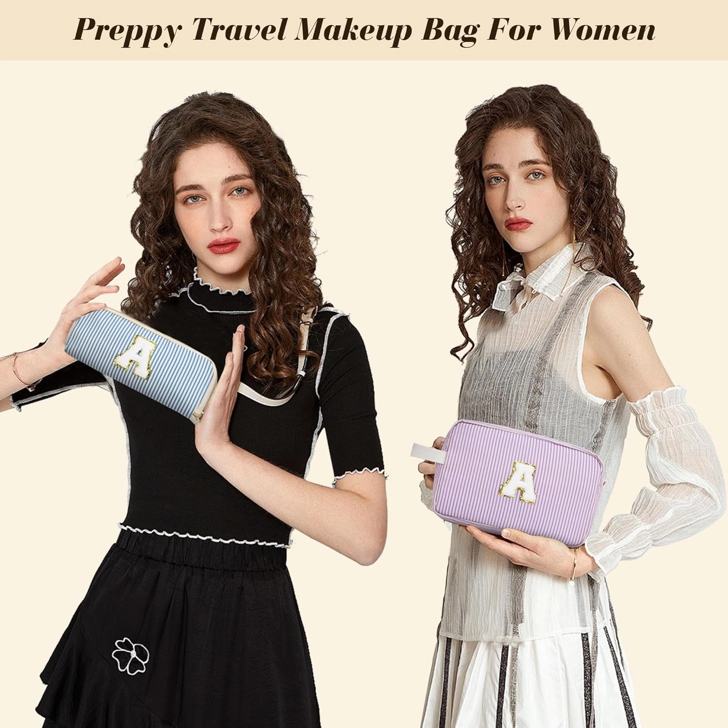 Travel Makeup Bag Gift for Women Girl Teens Preppy Stuff Cosmetic Bag Set, Cute Make Up Bag With Handle Personalized Initial Makeup Pouch Skin Care with Makeup Brush Bag Letter S (Green&White Stripes)