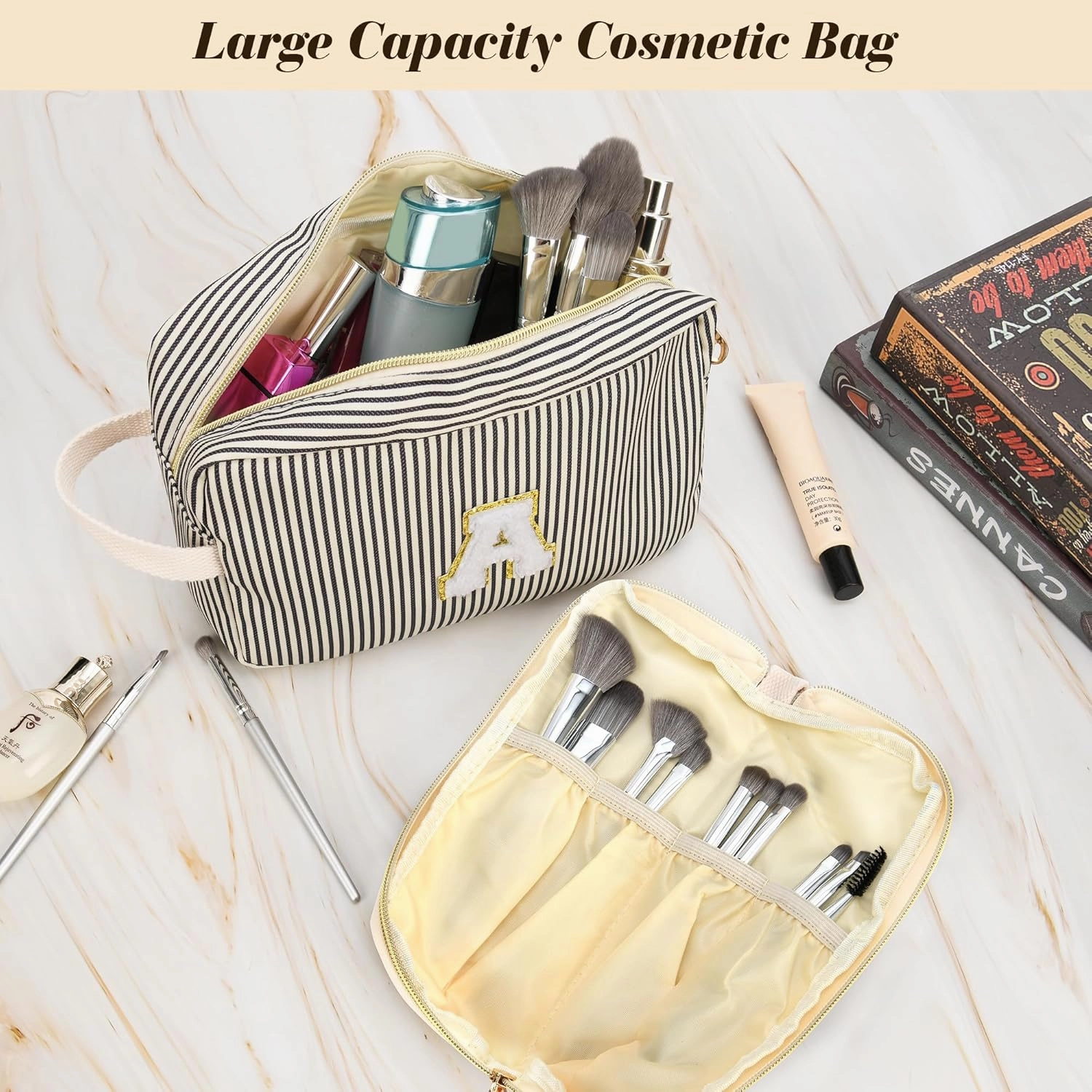 Travel Makeup Bag Gift for Women Girl Teens Preppy Stuff Cosmetic Bag Set, Cute Make Up Bag With Handle Personalized Initial Makeup Pouch Skin Care with Makeup Brush Bag Letter S (Green&White Stripes)