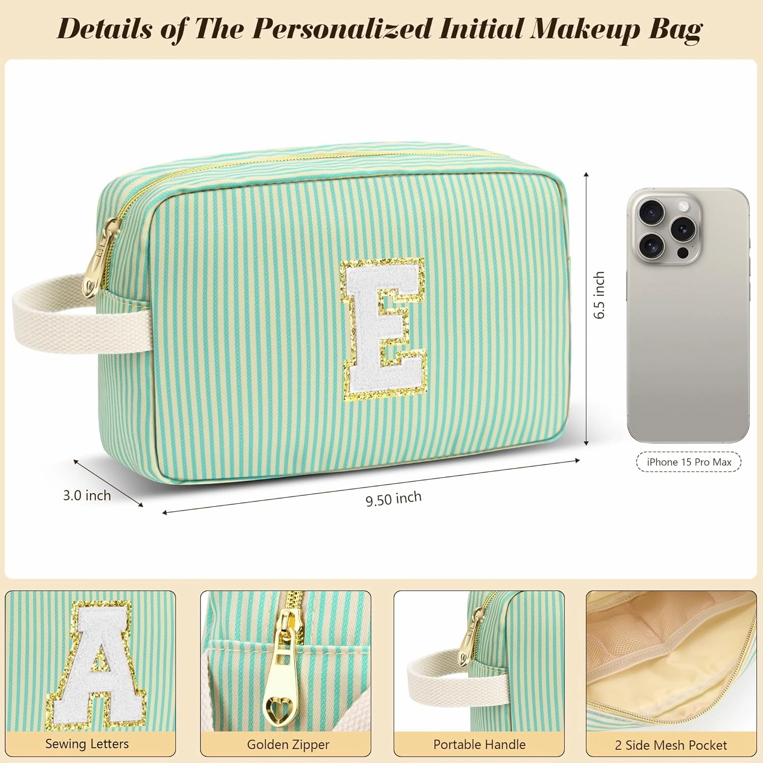 Travel Makeup Bag Gift for Women Girl Teens Preppy Stuff Cosmetic Bag Set, Cute Make Up Bag With Handle Personalized Initial Makeup Pouch Skin Care with Makeup Brush Bag Letter S (Green&White Stripes)