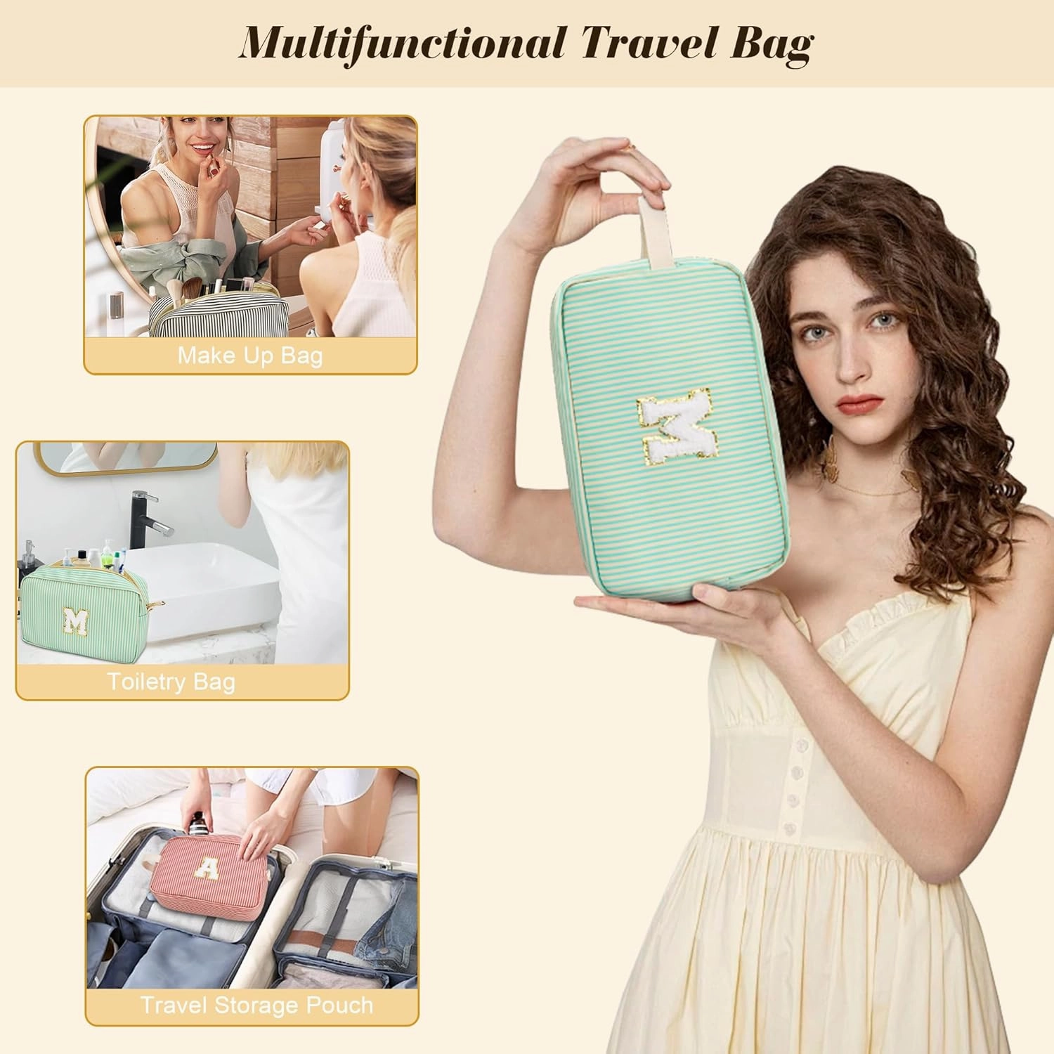 Travel Makeup Bag Gift for Women Girl Teens Preppy Stuff Cosmetic Bag Set, Cute Make Up Bag With Handle Personalized Initial Makeup Pouch Skin Care with Makeup Brush Bag Letter S (Green&White Stripes)