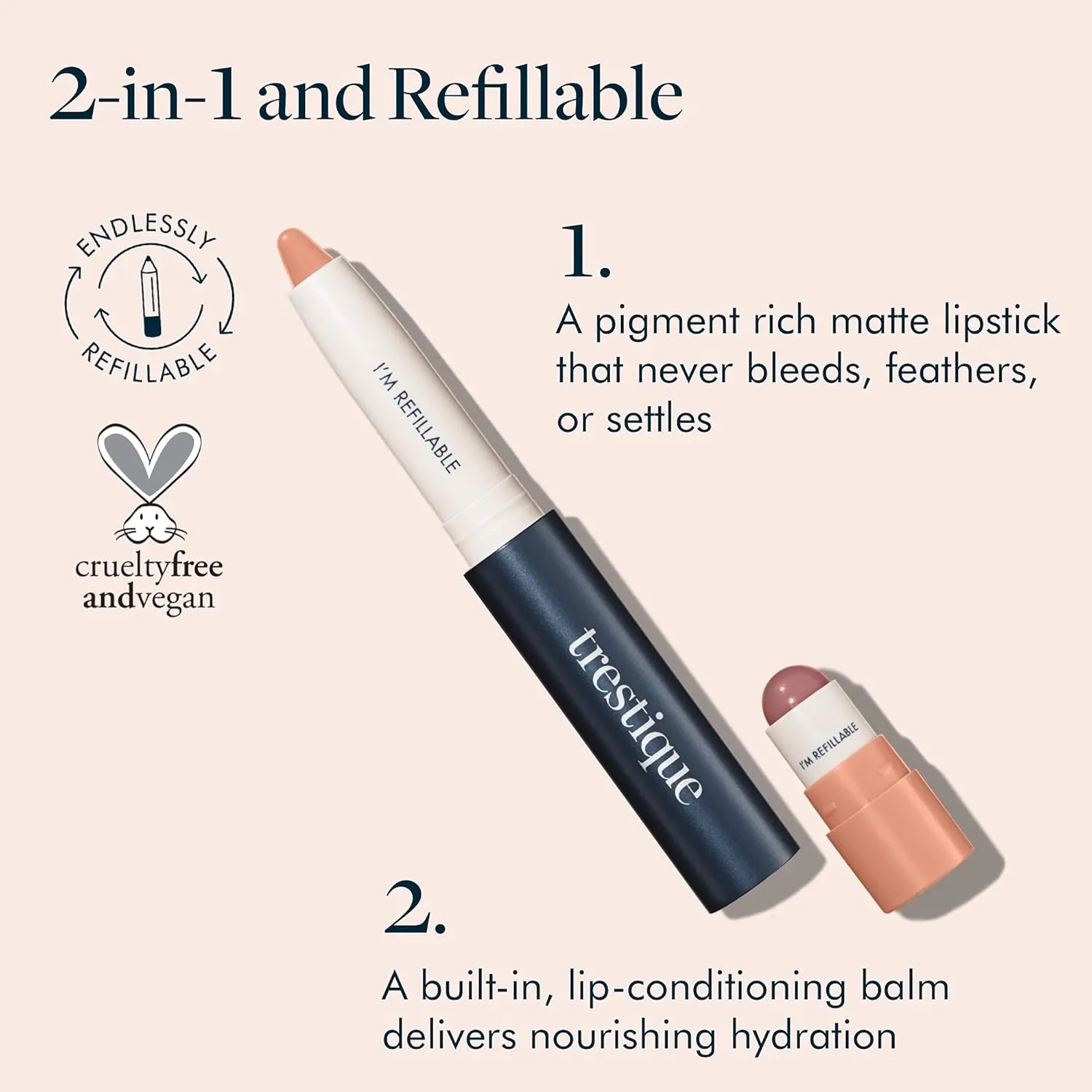 TRE'STIQUE Matte Lip Crayon, Matte Lipstick With Built-in Lip Gloss Balm, 2-in-1 Lip Liner Set With Lip Crayon and Lip Balm, Lipstick and Lip Gloss Kit (Nantucket Nude Refillable)
