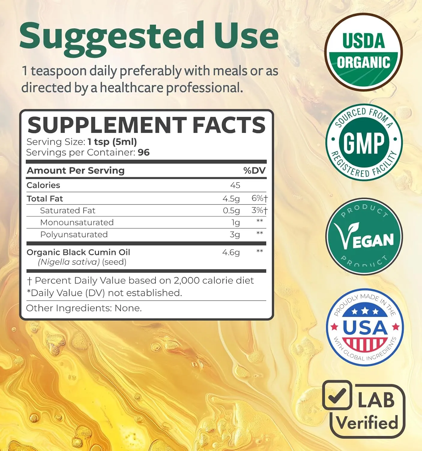USDA Organic Black Seed Oil Liquid (16 fl oz) Premium Cold-Pressed Nigella Sativa Producing Pure Black Cumin Seed Oil - Antioxidant Supplement - Vegan, Gluten-Free, & Non-GMO (No Pills or Capsules)