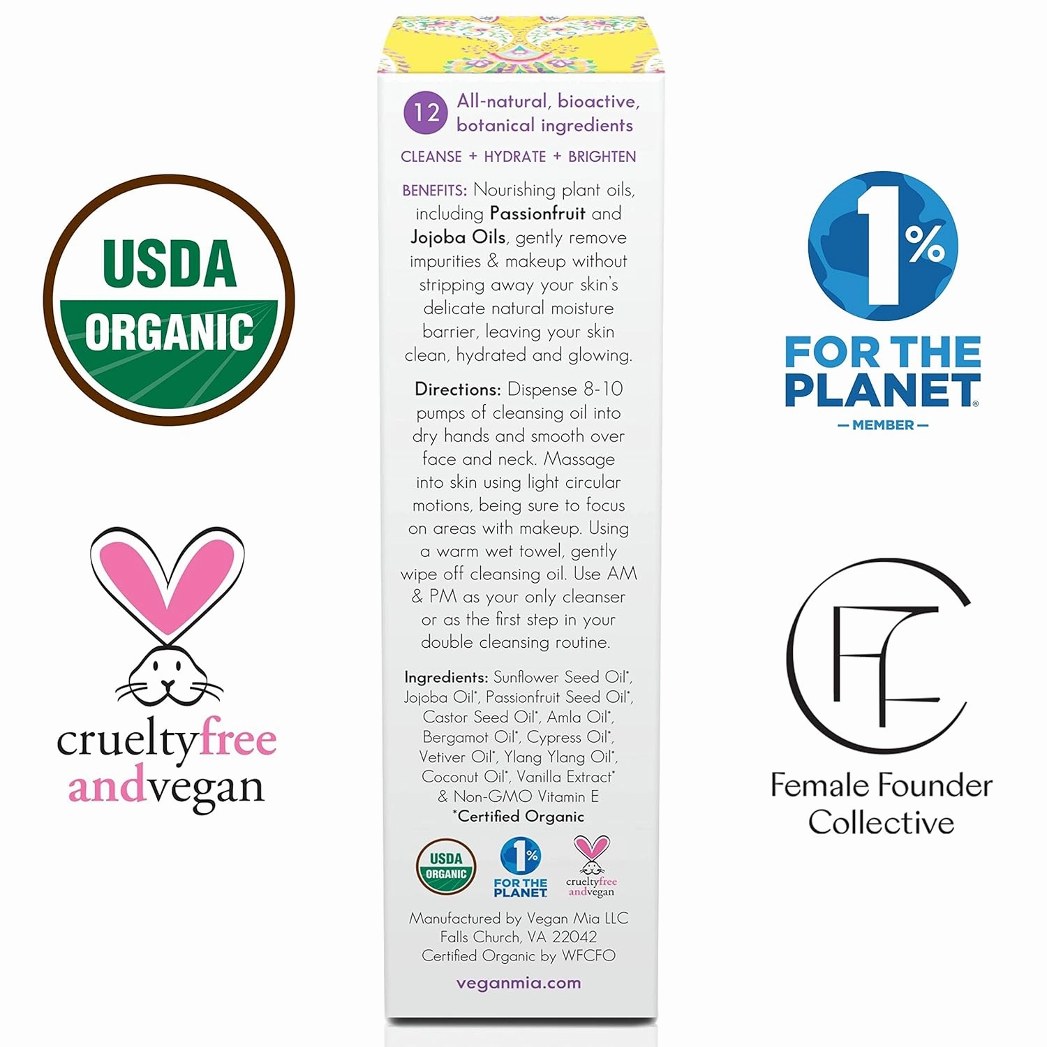 USDA Organic Facial Cleansing Oil & Makeup Remover - All-Natural Hydrating Oil Cleanser for Face, Eyes & Lips, Gently Removes Eye Makeup, Sunscreen, Foundation & Lipstick, 3.4 fl oz