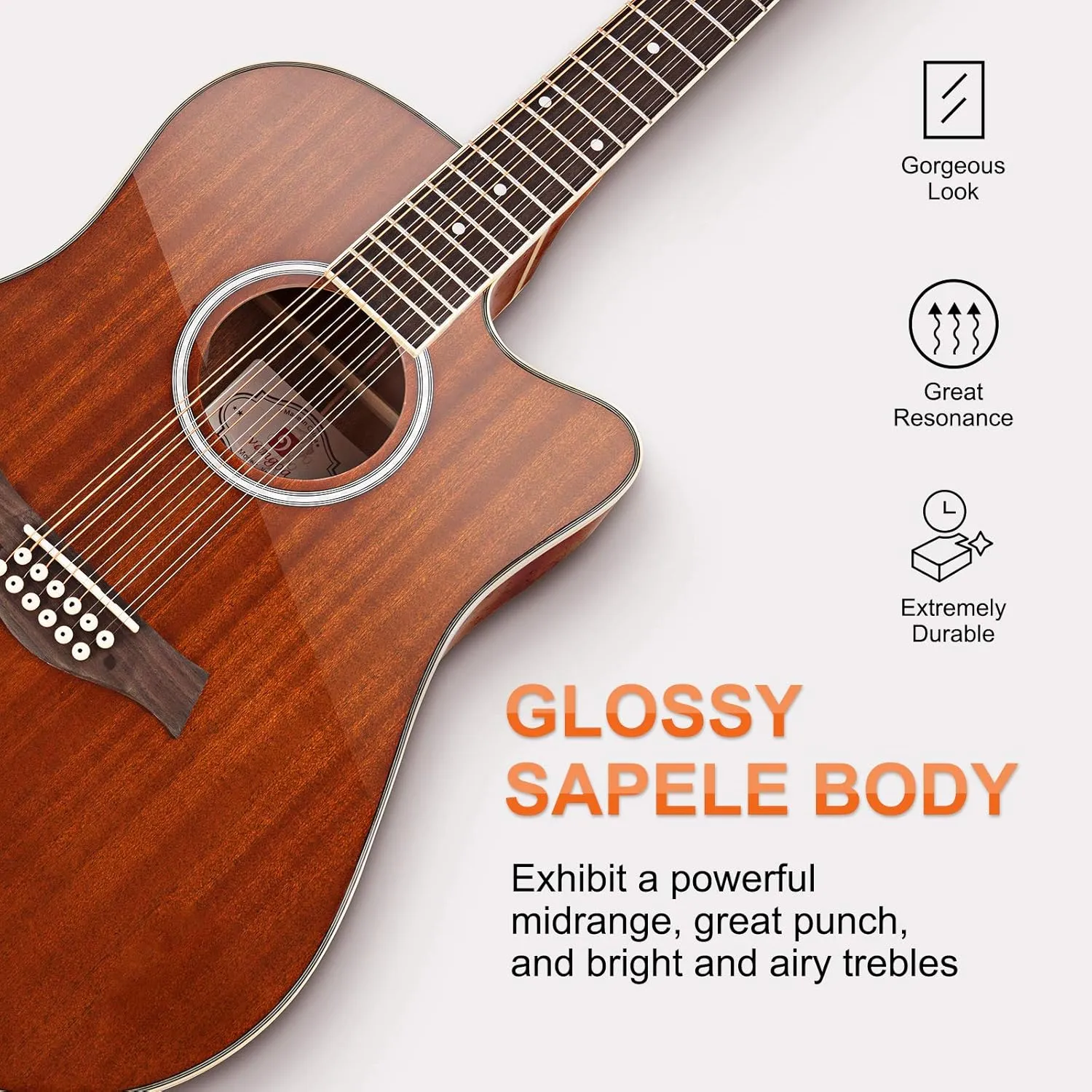 Vangoa 12 String Guitar Acoustic Electric, Upgraded Guitar 12 Strings Bundle for Beginner Intermediate Adults Teens, Guitarra de 12 Cuerdas, Sapele Body Bone Nut, Brown Glossy