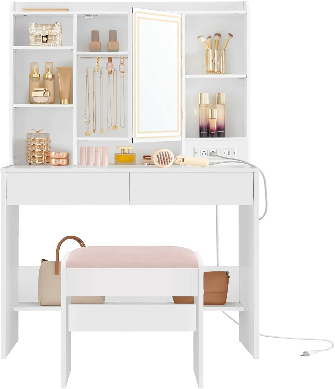 VASAGLE Vanity Desk with Power Outlets, Makeup Vanity with Mirror and Lights, Upholstered Vanity Stool, Dimmable LED Lights, 6 Compartments, 2 Drawers, for Bedroom, Cloud White URDT031W01