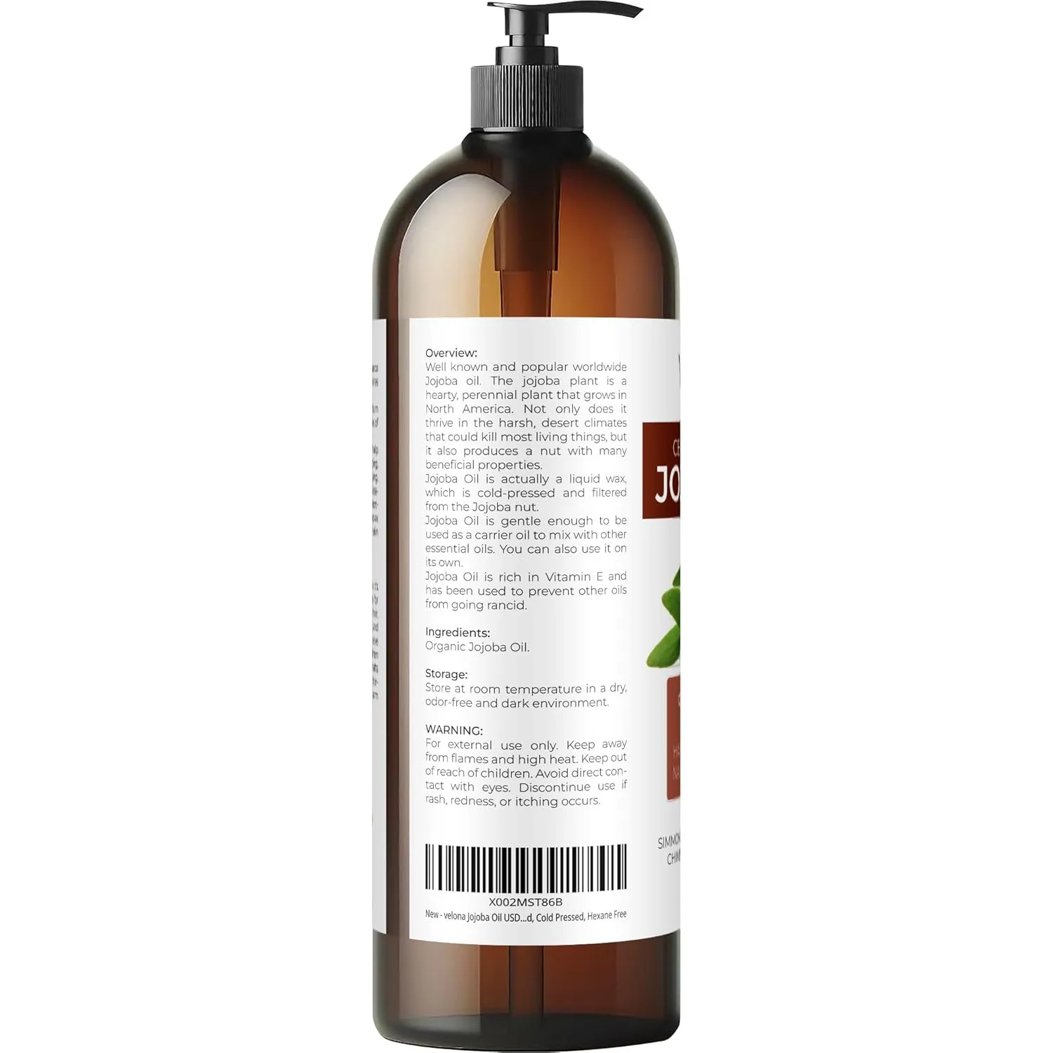 velona Jojoba Oil USDA Certified Organic - 32 Fl Oz (With Pump) | 100% Pure and Natural Carrier Oil| Golden, Unrefined, Cold Pressed, Hexane Free