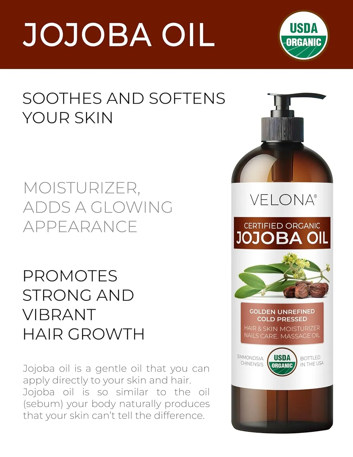 velona Jojoba Oil USDA Certified Organic - 32 Fl Oz (With Pump) | 100% Pure and Natural Carrier Oil| Golden, Unrefined, Cold Pressed, Hexane Free