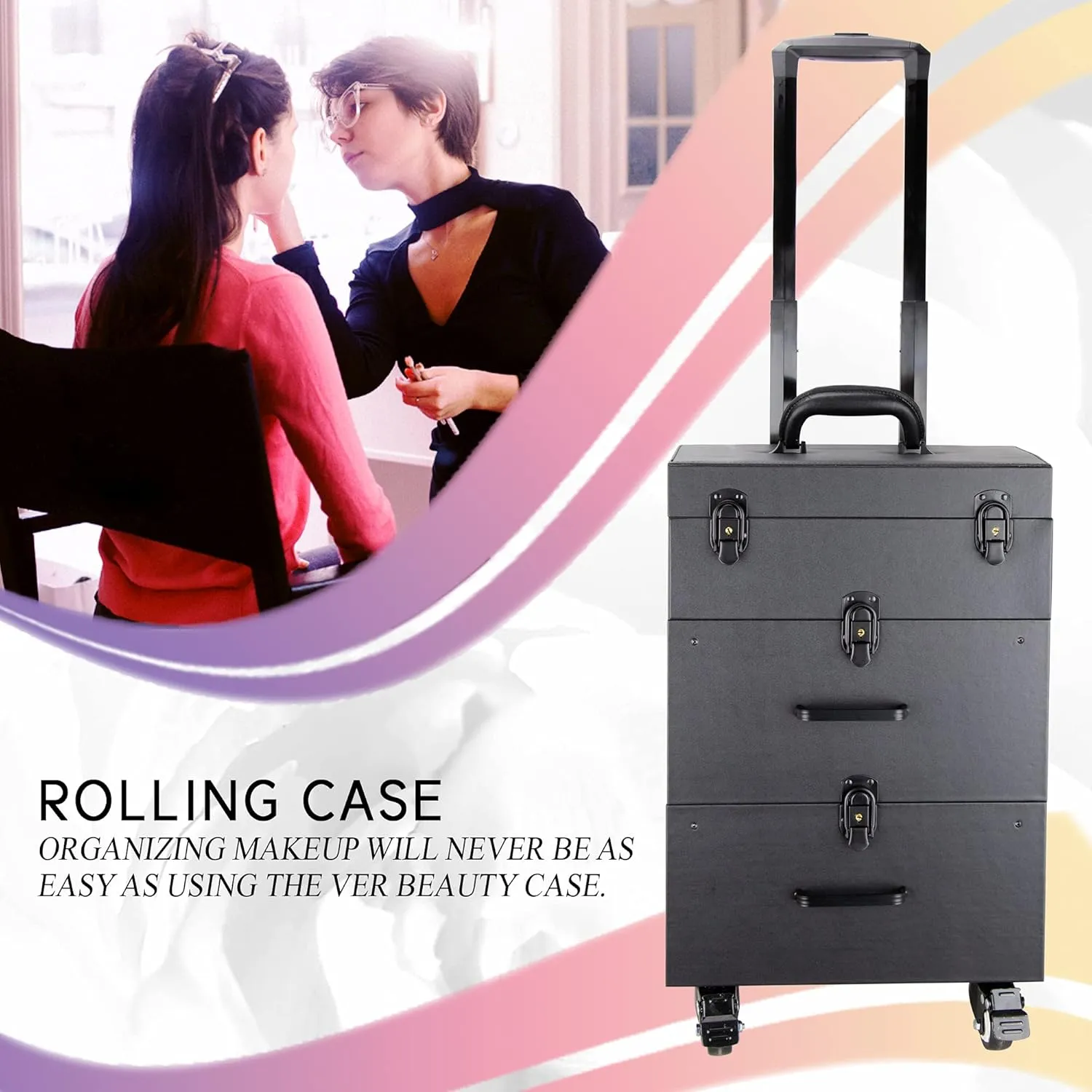 Ver Beauty Rolling Makeup Trolley Salon Cosmetic Hair Stylist and Professional Nail Artist Train Case Hairdressing Organizer Box 360° Swivel Wheels Faux Leather, Black