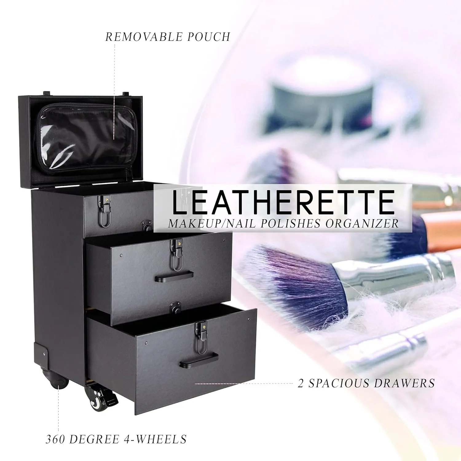 Ver Beauty Rolling Makeup Trolley Salon Cosmetic Hair Stylist and Professional Nail Artist Train Case Hairdressing Organizer Box 360° Swivel Wheels Faux Leather, Black
