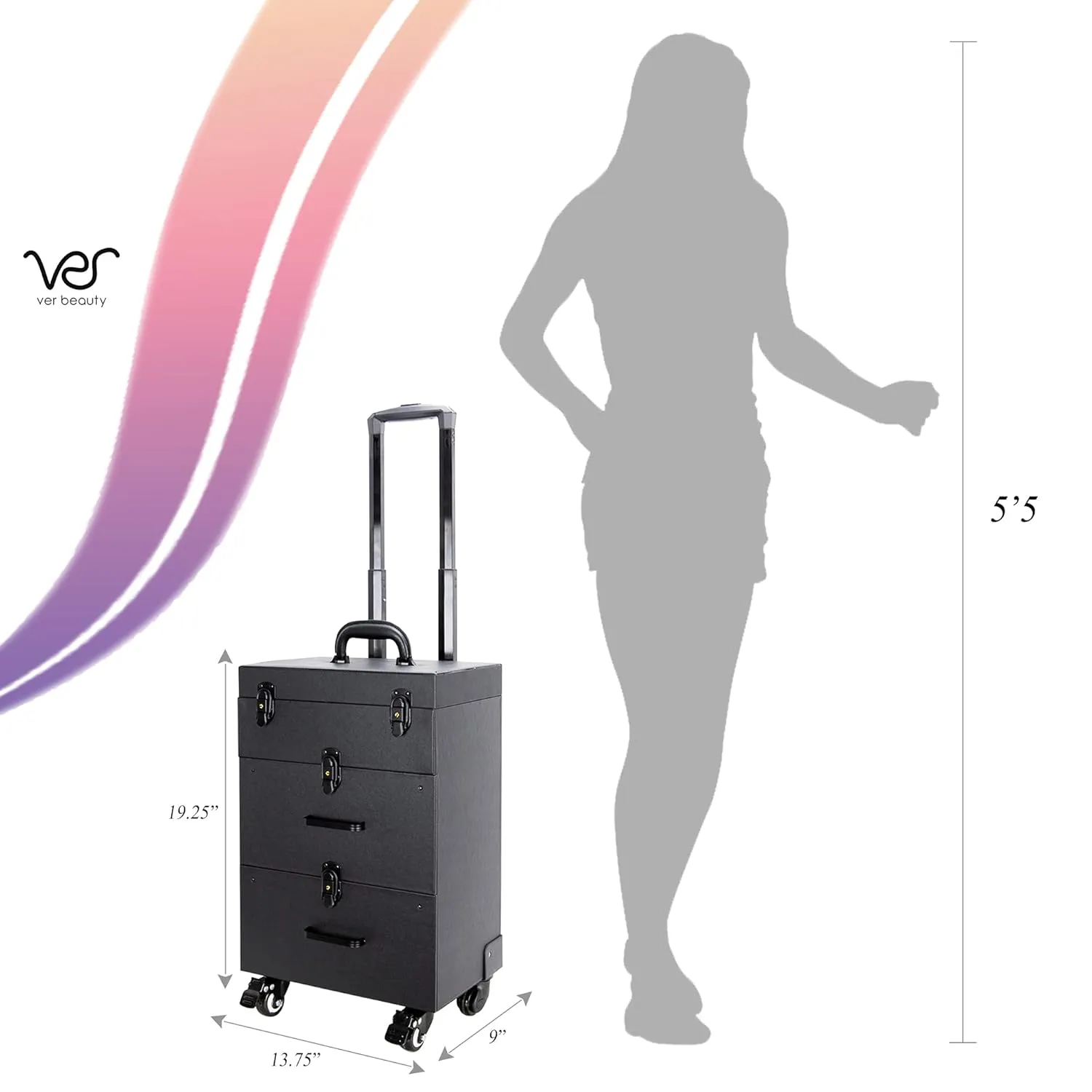 Ver Beauty Rolling Makeup Trolley Salon Cosmetic Hair Stylist and Professional Nail Artist Train Case Hairdressing Organizer Box 360° Swivel Wheels Faux Leather, Black