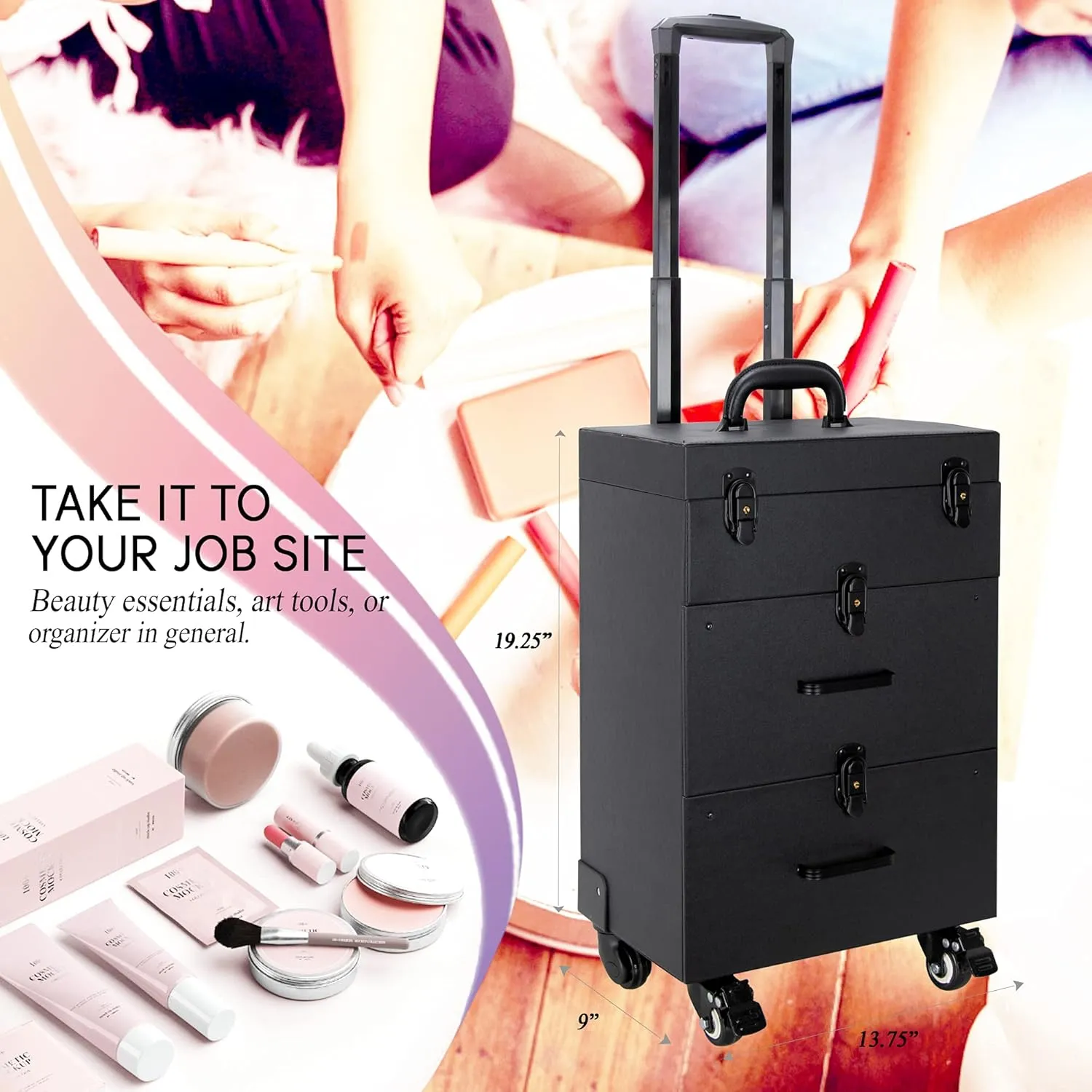 Ver Beauty Rolling Makeup Trolley Salon Cosmetic Hair Stylist and Professional Nail Artist Train Case Hairdressing Organizer Box 360° Swivel Wheels Faux Leather, Black
