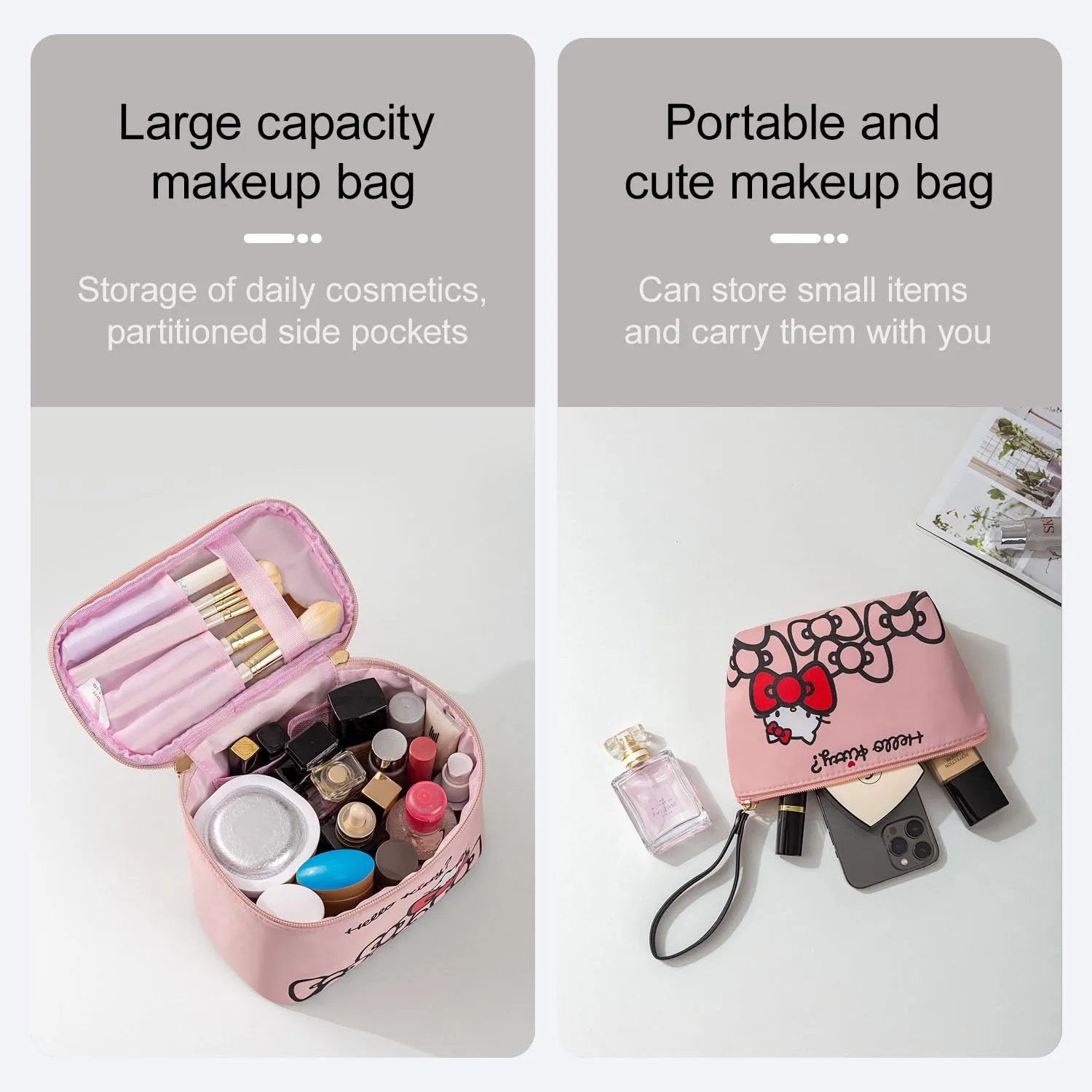Vimanllie Travel Makeup Bag Large Cosmetic Bags with Brush Holder, Pink Waterproof 2PCS Portable Cosmetic Case for Women, Toiletry Bag for Skincare & Beauty Tools for Her