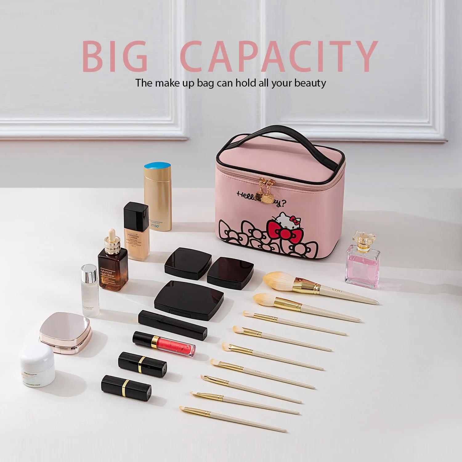 Vimanllie Travel Makeup Bag Large Cosmetic Bags with Brush Holder, Pink Waterproof 2PCS Portable Cosmetic Case for Women, Toiletry Bag for Skincare & Beauty Tools for Her