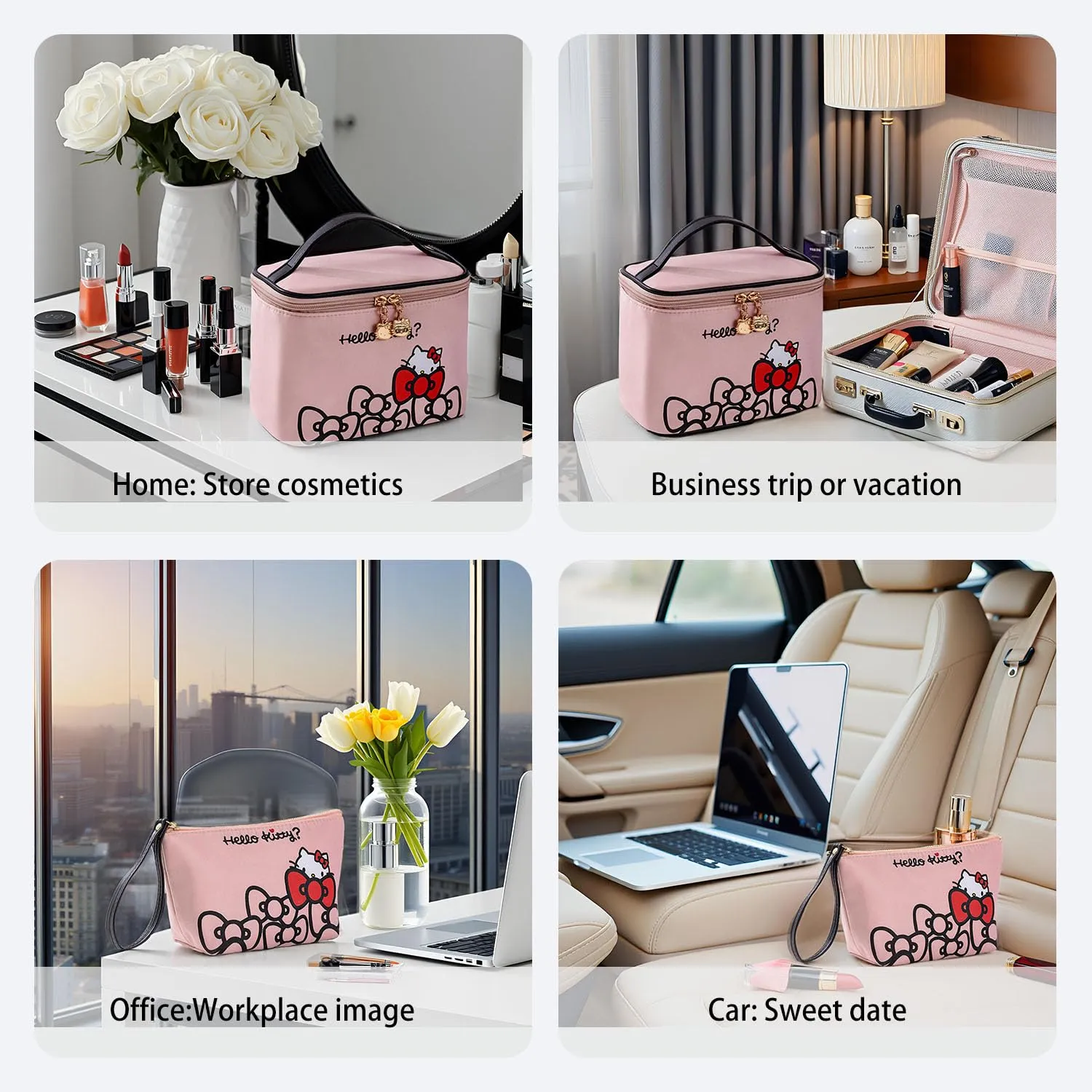 Vimanllie Travel Makeup Bag Large Cosmetic Bags with Brush Holder, Pink Waterproof 2PCS Portable Cosmetic Case for Women, Toiletry Bag for Skincare & Beauty Tools for Her