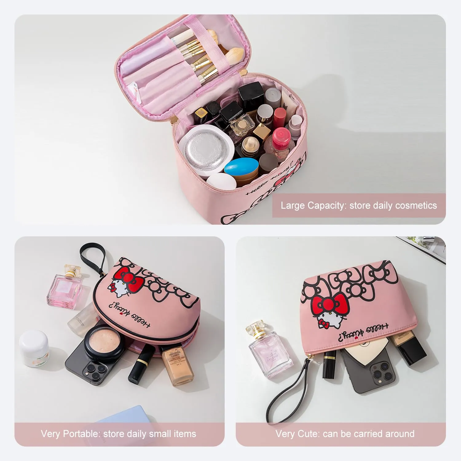 Vimanllie Travel Makeup Bag Large Cosmetic Bags with Brush Holder, Pink Waterproof 3PCS Portable Cosmetic Case for Women, Toiletry Bag for Skincare & Beauty Tools for Her