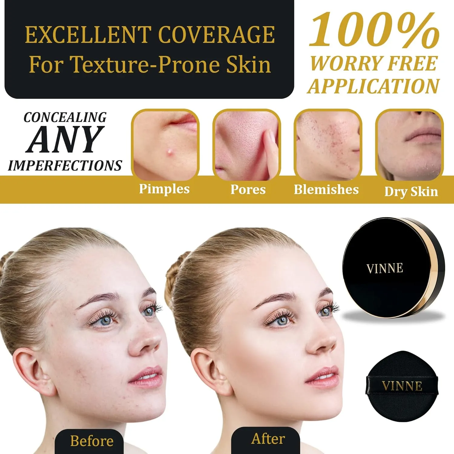 VINNE Korean Cushion Foundation, Lightweight Essence Makeup Natural and Dewy Finish, 12-Hour Lasting Effect, 0.42 Oz - #23 Natural Beige (Refill Not Included)
