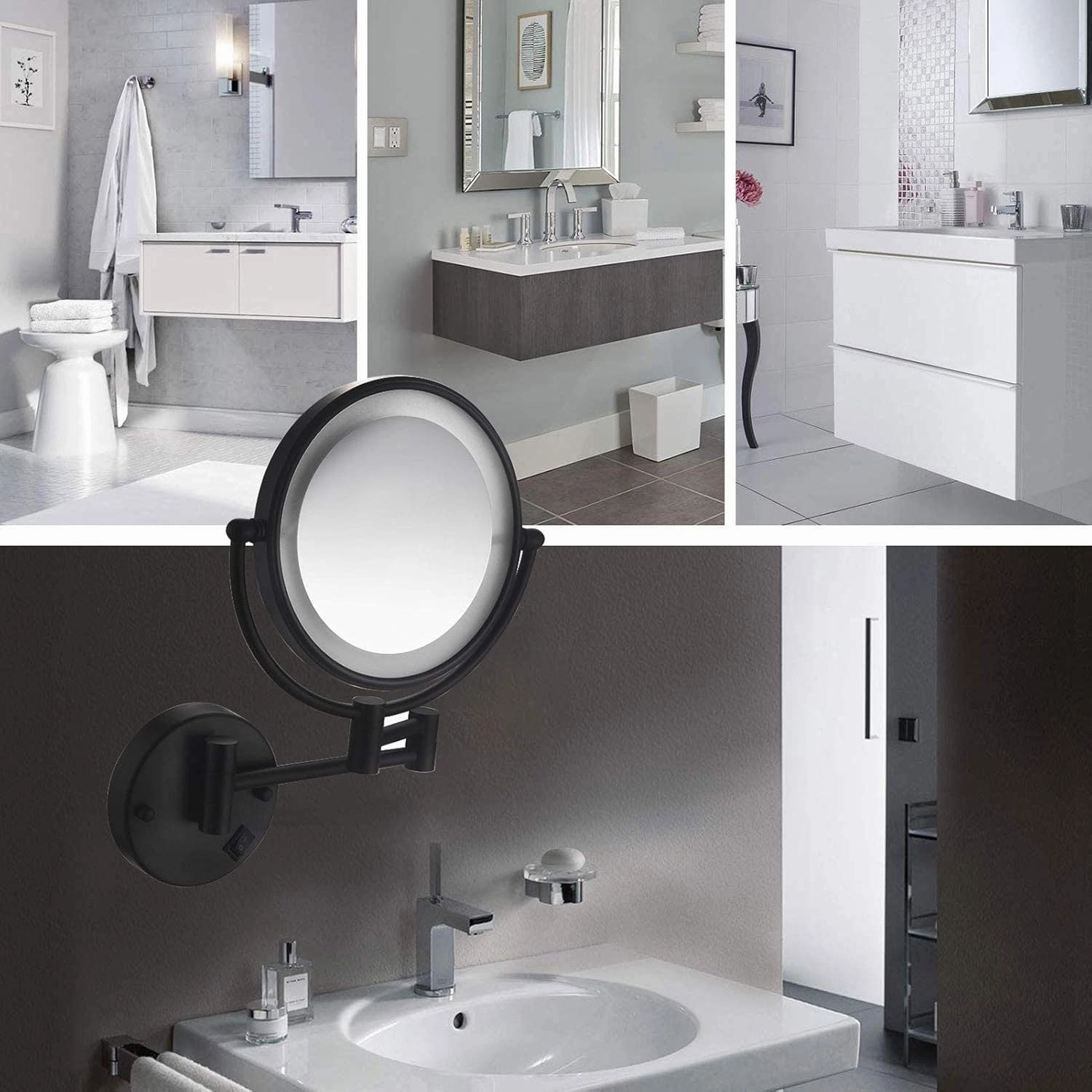 Wall Mount Makeup Mirror with Lights and 10x Magnification,8 Inch Double-Sided Swivel Wall Mounted Makeup Mirror Black Two Side 360 Swivel Cosmetic Face Extendable Vanity Mirrors(Hard Wired)