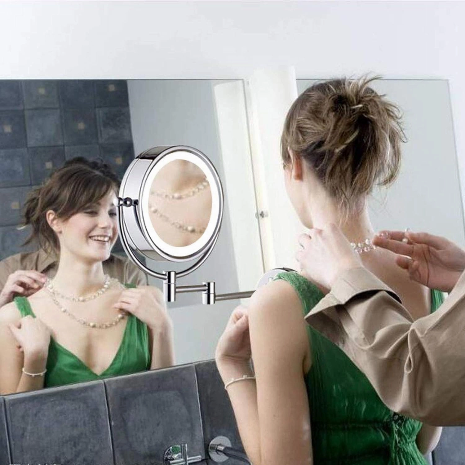 Wall Mount Makeup Mirror with Lights and 5X Magnification, Makeup Mirror Wall Mount Lighted, Bathroom Two Side 360 Swivel Cosmetic Face Mirror Extendable Vanity Mirrors