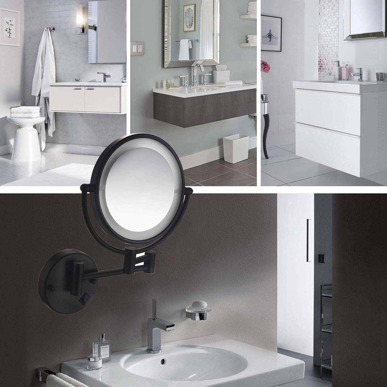 Wall Mount Makeup Mirror with Lights and Magnification 5X, Double-Sided 8 Inch Swivel Wall Mounted Makeup Mirror Black Two Side 360 Swivel Cosmetic Face Extendable Vanity Mirrors