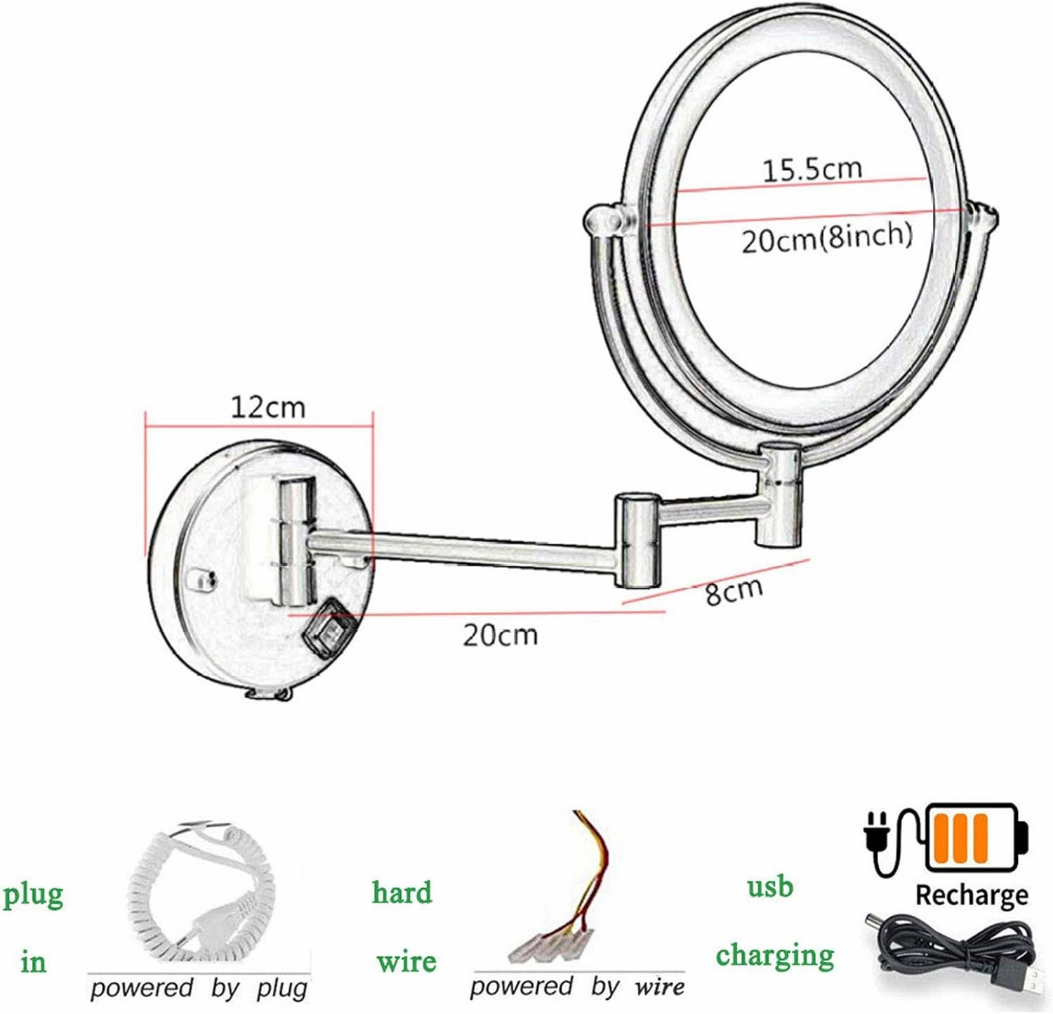 Wall Mount Makeup Mirror with Lights Black, Cosmetic Mirror with Light, Bathroom Two Side 360 Swivel Cosmetic Face Mirror Extendable Vanity Mirrors