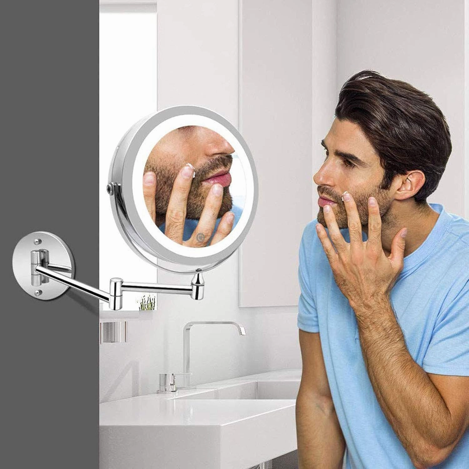Wall Mount Makeup Mirror with Lights Hard Wired, Makeup Mirror Lighted Magnifying, 8 Inch Bathroom 360 Swivel Cosmetic Face Mirror Extendable Two Side Vanity Mirrors 1x/5x,Chrom Finish