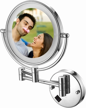 Wall Mount Makeup Mirror with Lights Hard Wired, Makeup Mirror Lighted Magnifying, 8 Inch Bathroom 360 Swivel Cosmetic Face Mirror Extendable Two Side Vanity Mirrors 1x/5x,Chrom Finish