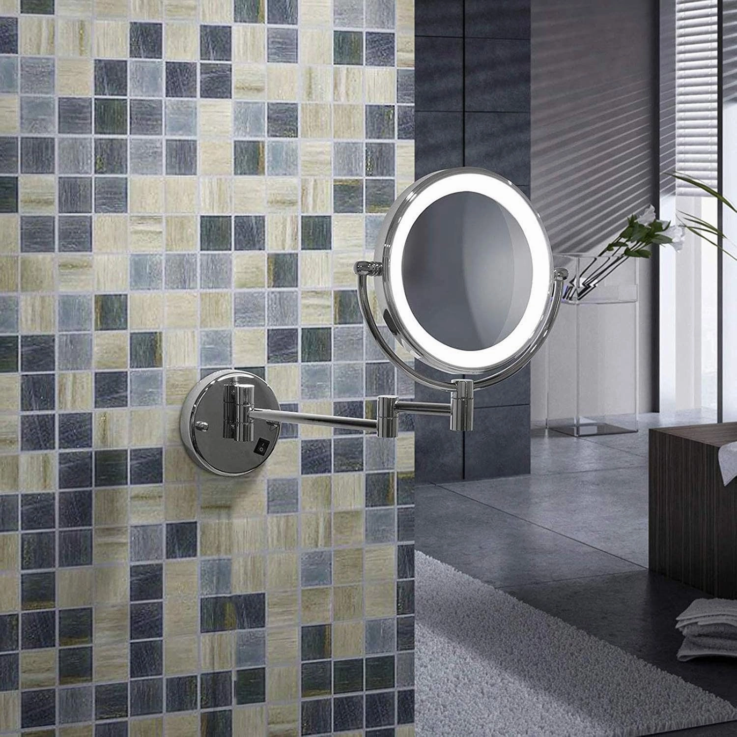 Wall Mount Makeup Mirror with Lights Hard Wired, Makeup Mirror Lighted Magnifying, 8 Inch Bathroom 360 Swivel Cosmetic Face Mirror Extendable Two Side Vanity Mirrors 1x/5x,Chrom Finish