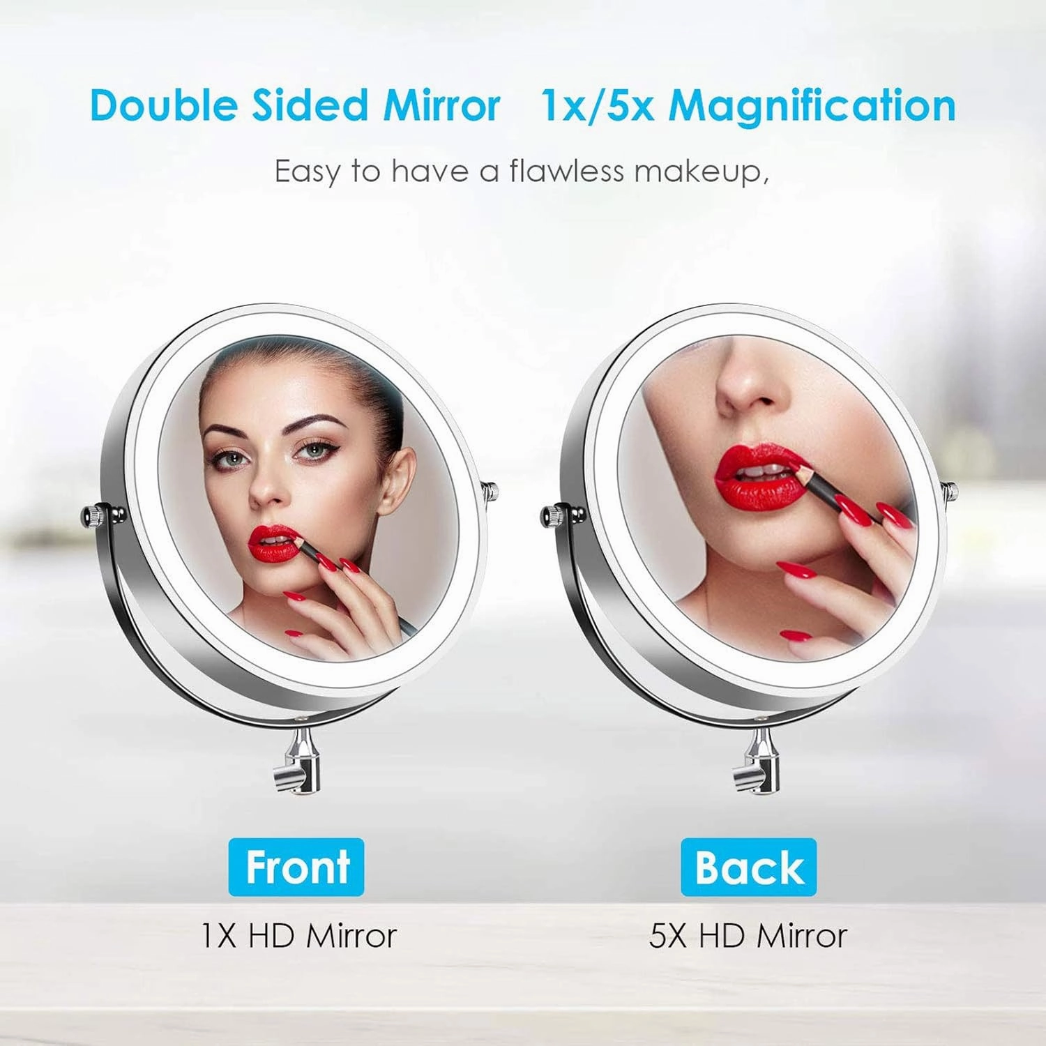 Wall Mount Makeup Mirror with Lights Hard Wired, Makeup Mirror Lighted Magnifying, 8 Inch Bathroom 360 Swivel Cosmetic Face Mirror Extendable Two Side Vanity Mirrors 1x/5x,Chrom Finish