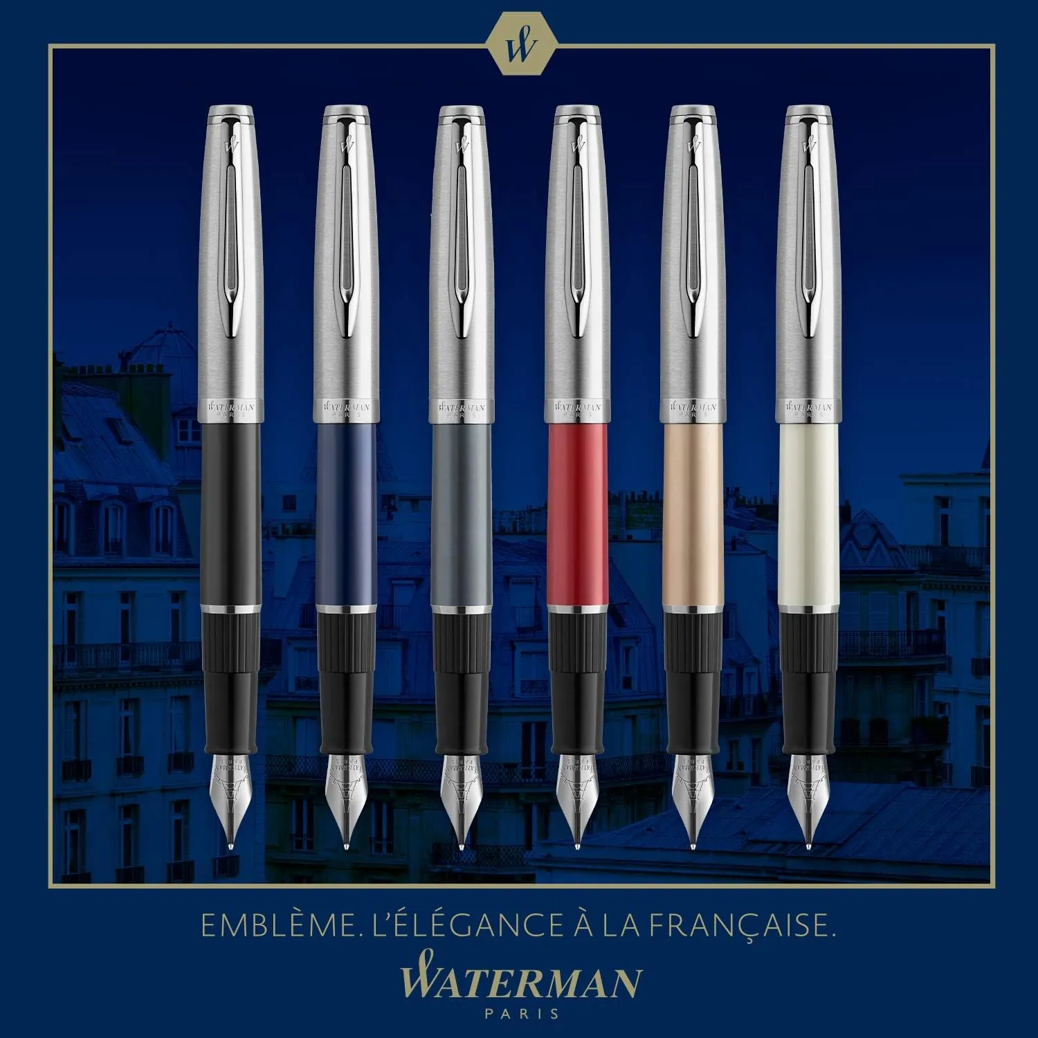 Waterman Emblème Rollerball Pen, Black with Chrome Trim, Fine Point with Black Refill, Gift Box
