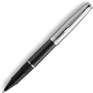 Waterman Emblème Rollerball Pen, Black with Chrome Trim, Fine Point with Black Refill, Gift Box