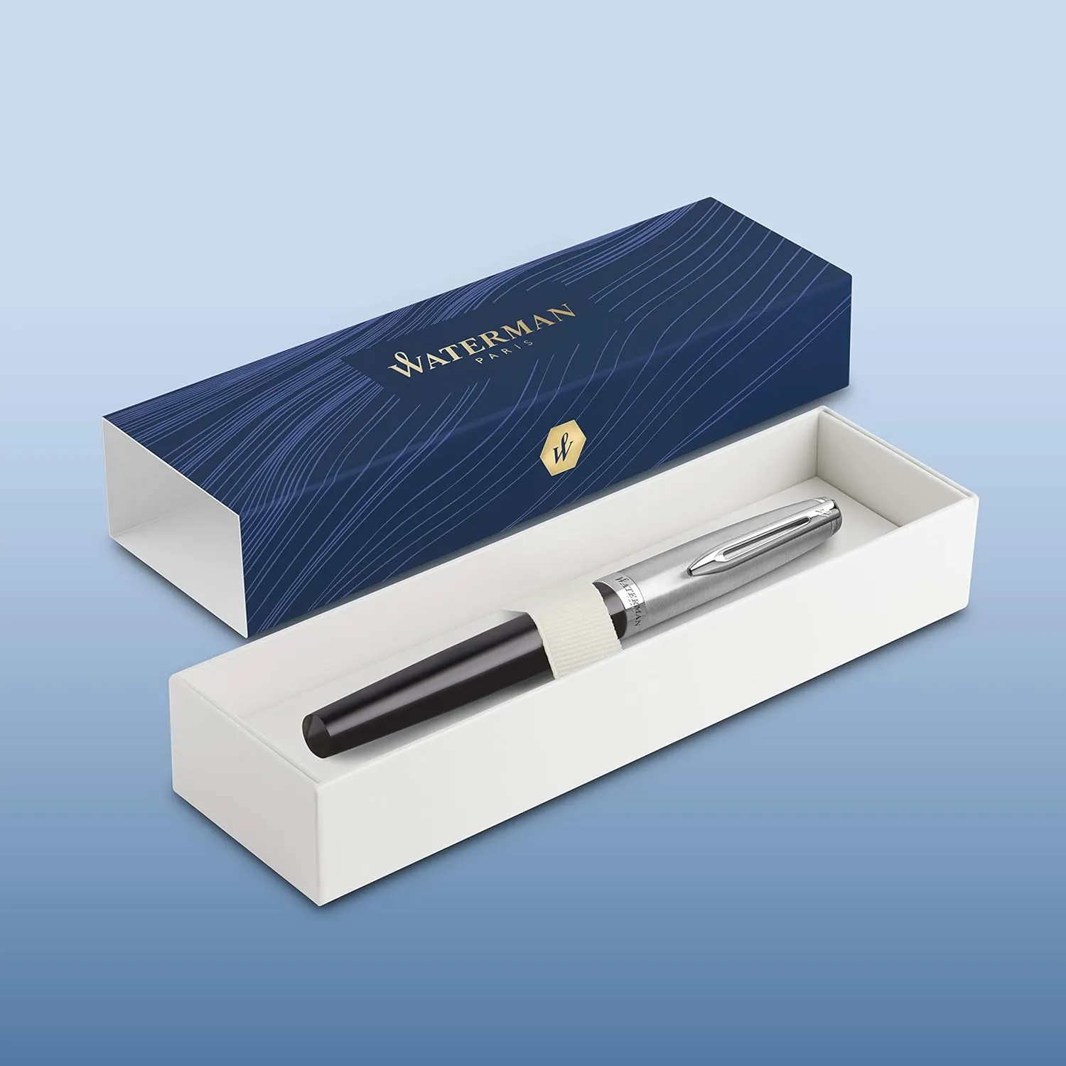 Waterman Emblème Rollerball Pen, Black with Chrome Trim, Fine Point with Black Refill, Gift Box