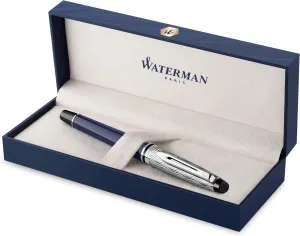Waterman Expert Rollerball Pen | Metal & Blue Lacquer | Chiselled Cap | Black Ink | Gift Box