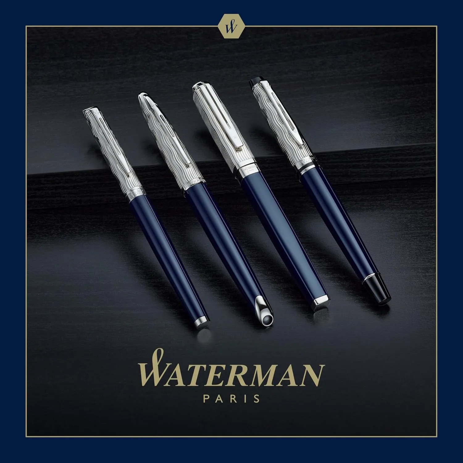 Waterman Expert Rollerball Pen | Metal & Blue Lacquer | Chiselled Cap | Black Ink | Gift Box