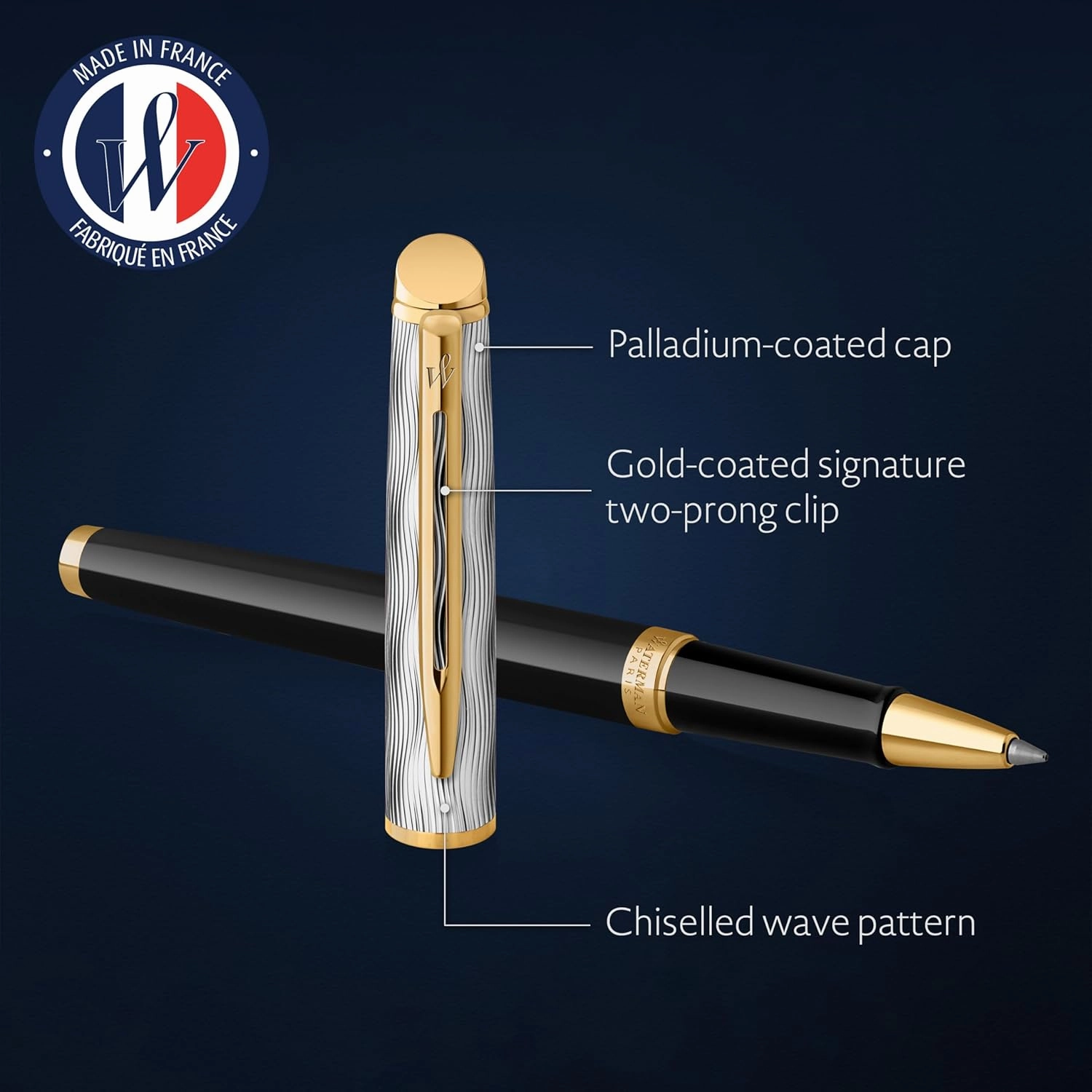 Waterman Hémisphère Rollerball Pen, Reflections of Paris, Metal & Black Lacquer with Gold Trim & Chiseled Cap, Fine Tip, Black Ink, Gift Box