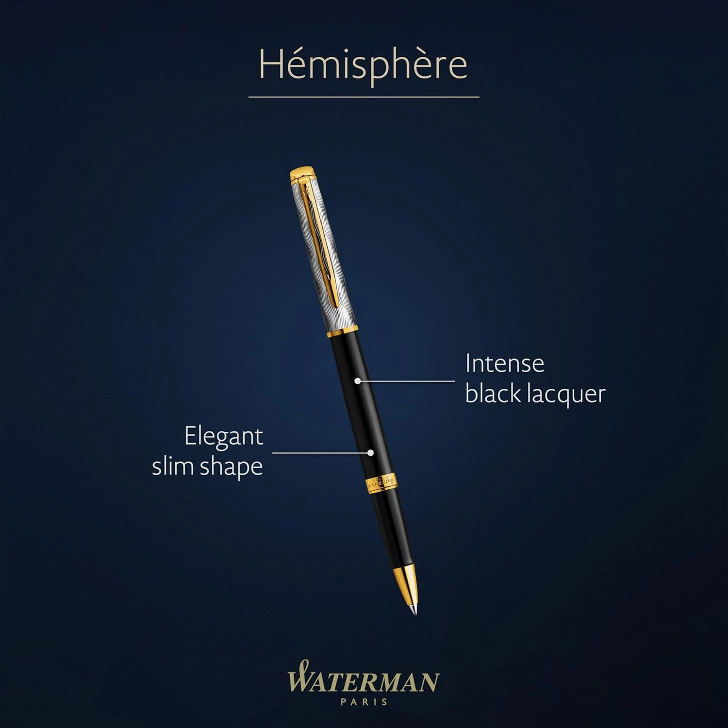 Waterman Hémisphère Rollerball Pen, Reflections of Paris, Metal & Black Lacquer with Gold Trim & Chiseled Cap, Fine Tip, Black Ink, Gift Box