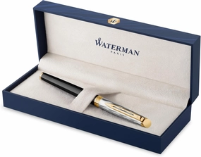 Waterman Hémisphère Rollerball Pen, Reflections of Paris, Metal & Black Lacquer with Gold Trim & Chiseled Cap, Fine Tip, Black Ink, Gift Box