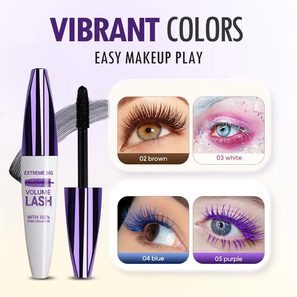 Waterproof 5D Extreme Volume Lash Mascara, Purple Mascara for Eyelashes, Length Waterproof,Natural Curling for Women Eye Makeup (White)