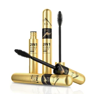Waterproof Liquid Lash Extension Mascara 2in1 Cool Black Volume Length Mascara Long-lasting Curling Smudge-proof No Clumping (1pcs Gold Tube)