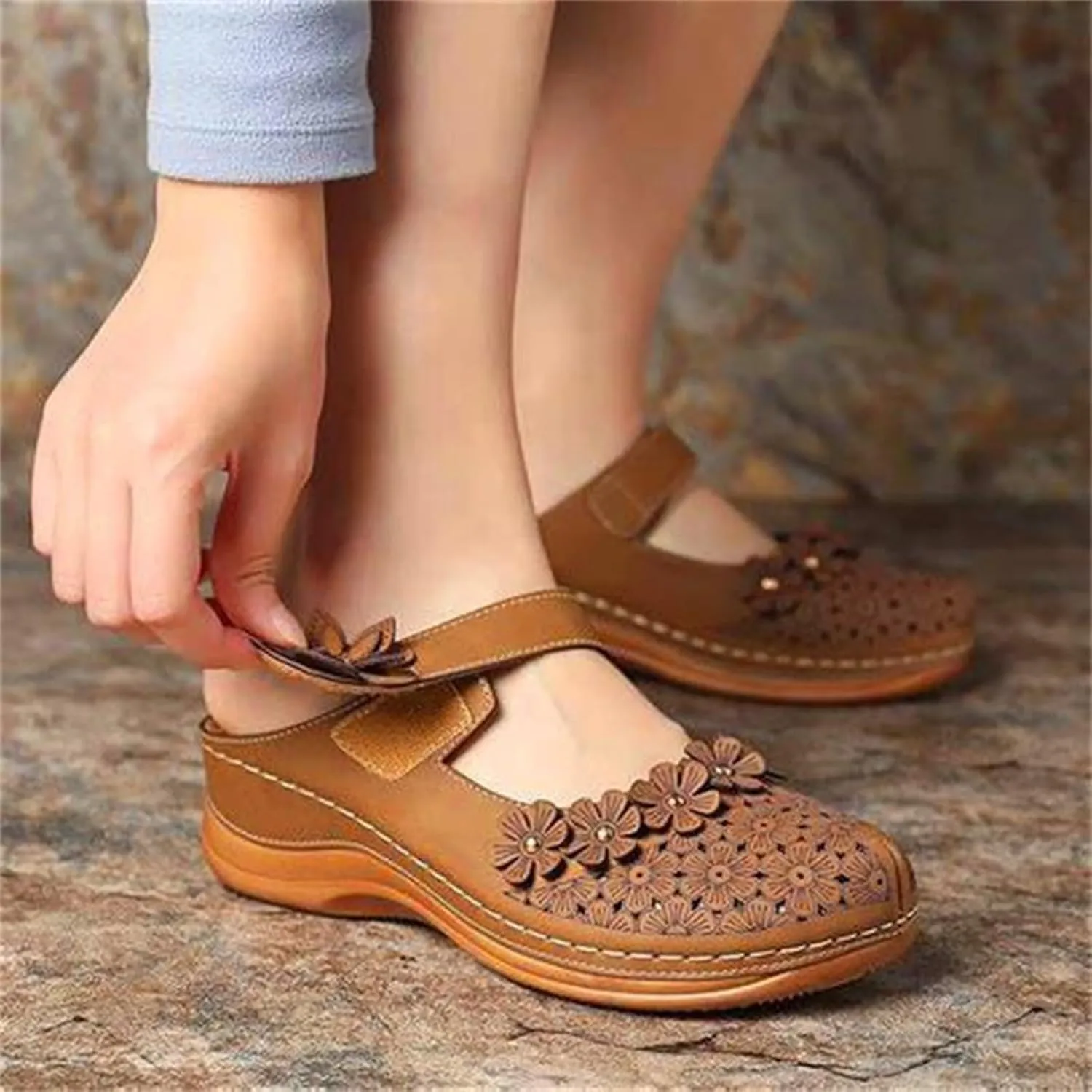 Wedge Sandals for Women Dressy Comfortable Summer Platform Orthopedic Sandals, Closed Toe Flower Strap Walking Slippers Sandal Hollow Out Breathable Walking Shoes with Arch Support