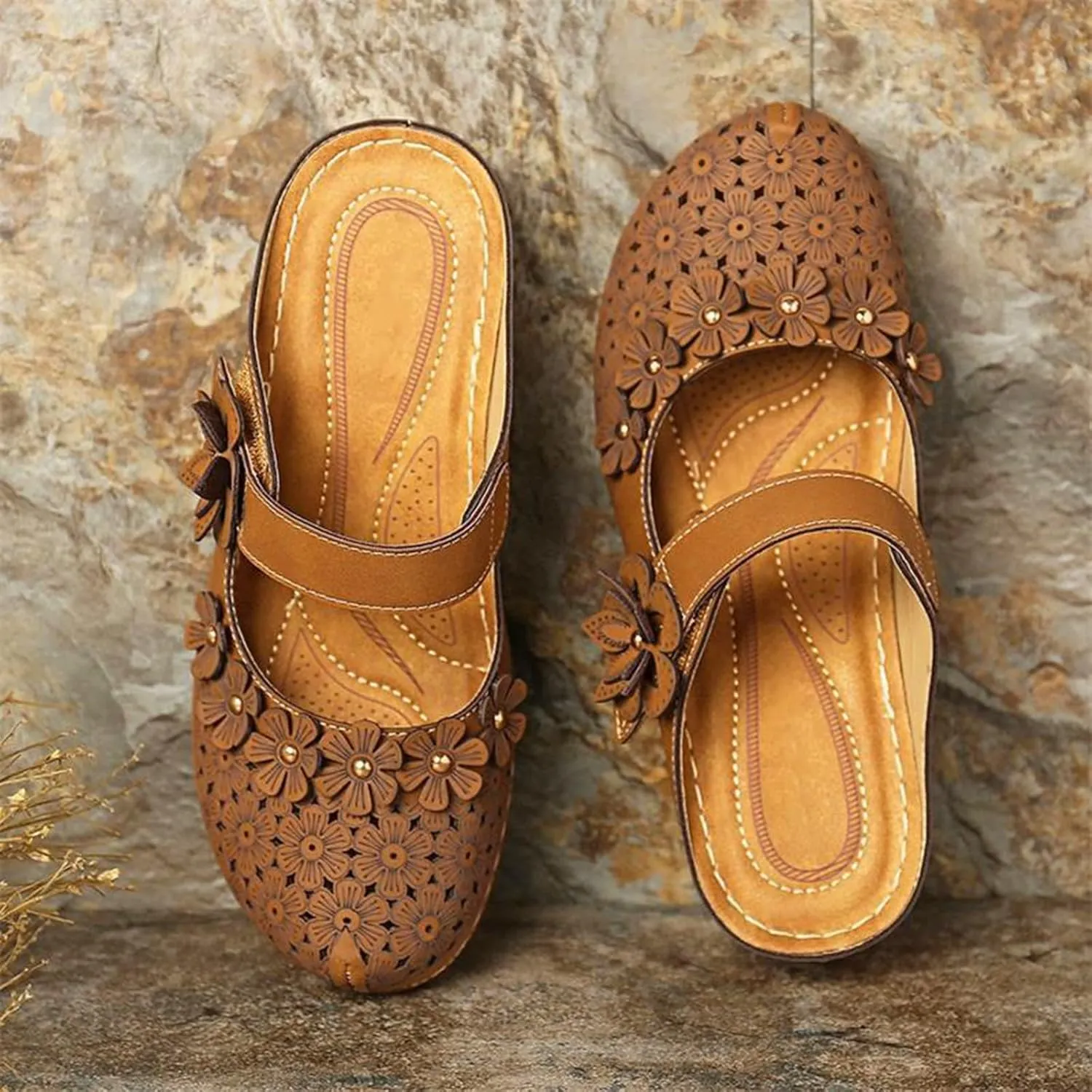 Wedge Sandals for Women Dressy Comfortable Summer Platform Orthopedic Sandals, Closed Toe Flower Strap Walking Slippers Sandal Hollow Out Breathable Walking Shoes with Arch Support